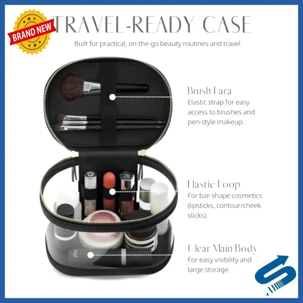 Clear Travel Makeup Bag with Brush Holder, 8x5.5x6 Inches, Faux Leather
